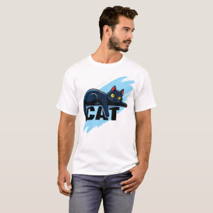 Camiseta Preta Gato Fofo com Salpico Azul