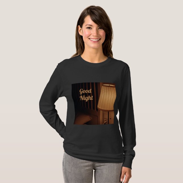 Camiseta preta manga longa com design de boa noite (Frente Completa)