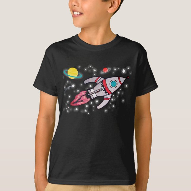 Camiseta preta para rapazes do Rocket Space (Frente)