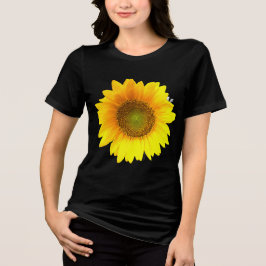 Camiseta Preta Sólida com Girassol Vibrante em Flo