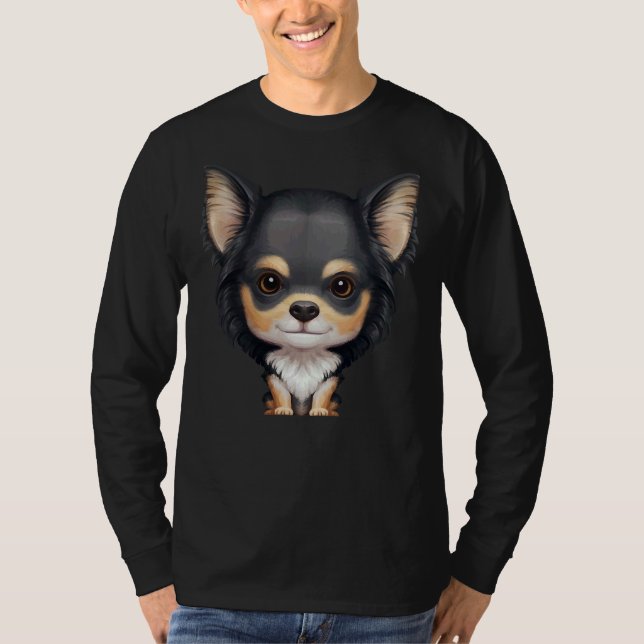 Camiseta Preto &amp Tan Long Haired Chihuahua (Frente)