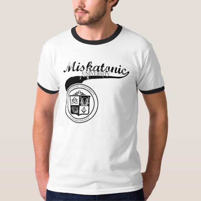 Camiseta Preto da universidade de Miskatonic no cinza (Frente)