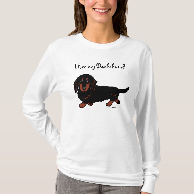 Camiseta Preto de cabelos compridos e Tan do Dachshund (Frente)