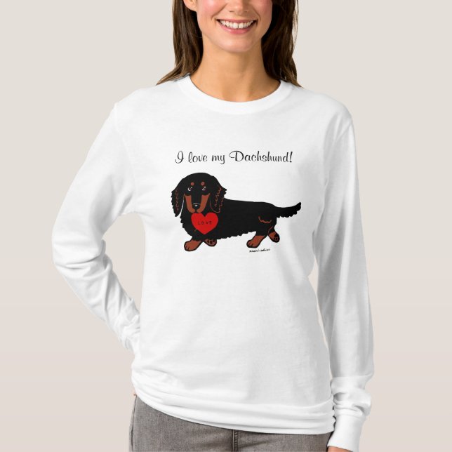 Camiseta Preto do Dachshund e coração de cabelos compridos (Frente)