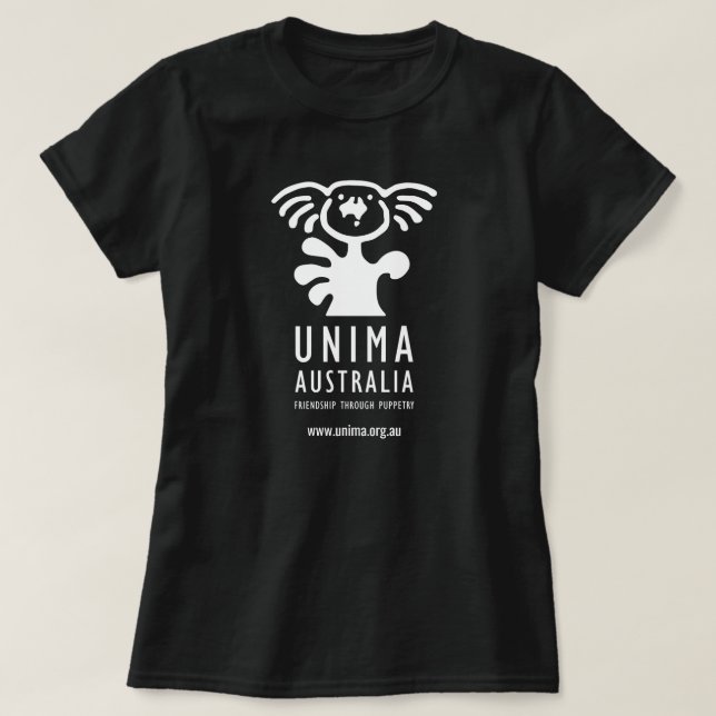 Camiseta Preto do t-shirt das mulheres de UNIMA Austrália (Frente do Design)