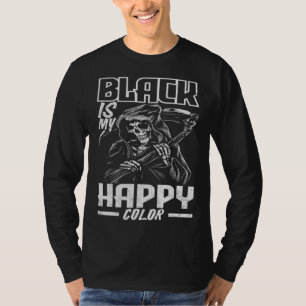 Camiseta Preto É a Minha Cor Feliz Esqueleto Gótico Sombrio