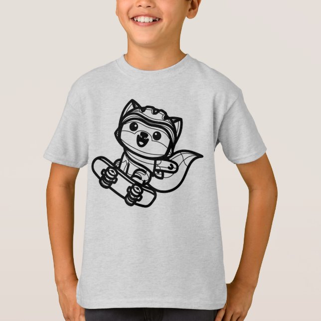 Camiseta PRETO E BRANCO #28 - Raposa brincando com skate (Frente)