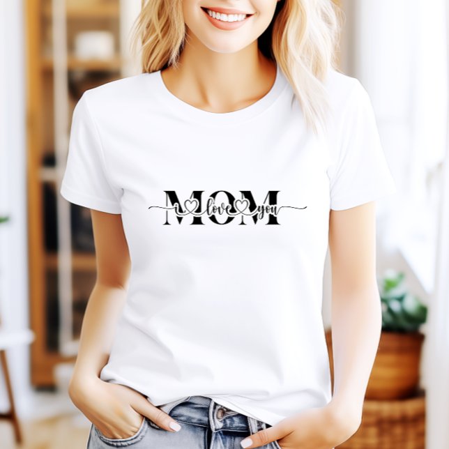 Camiseta Preto e Branco Te Ama Mãe Impressão (Black and White Love You Mom Print T-Shirt)