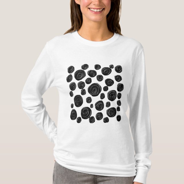Camiseta Preto e branco, teste padrão dos rosas (Frente)
