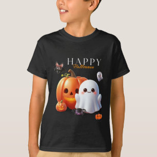 Camiseta Preto e Laranja Fofo Feliz Halloween