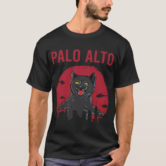 Camiseta Preto Engraçado Cat Palo Alto (Frente)