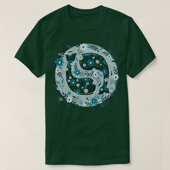 Camiseta Pretty Floral Whales Circle in Blues and Greens (Frente do Design)