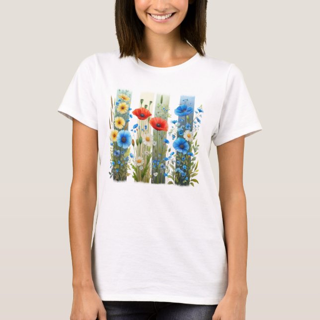 CAMISETA PRETTY RED BLUE & YELLOW FLORAL BRUSHSTROKES (Frente)