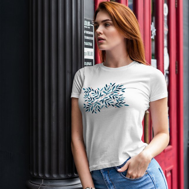 Camiseta Pretty watercolor branches – turquoise and red  (Criador carregado)