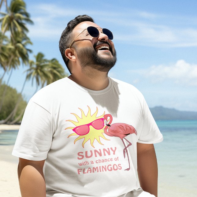 Camiseta Previsão do Clima da Praia Funny Flamingo (male model at the beach wearing funny florida beach weather shirt sunny with a chance of flamingos
)
