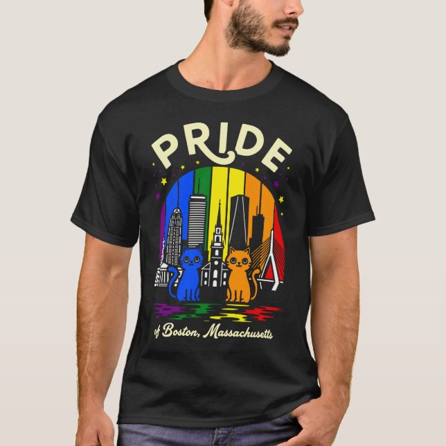Camiseta Pride Boston City Massachusetts Rainbow Flag (Frente)