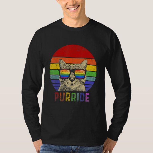 Camiseta Pride Cat Purride Gay LGBTQ Rainbow Flag Retro Sty (Frente)