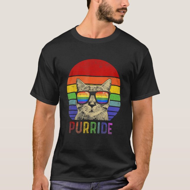 Camiseta Pride Cat Purride Gay LGBTQ Rainbow Flag Retro Sty (Frente)