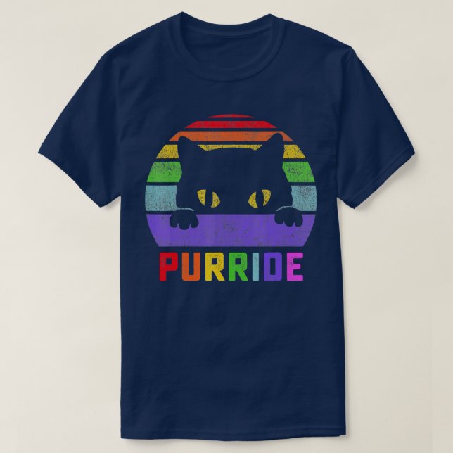 Camiseta Pride Cat Purride Gay LGBTQ Rainbow Flag Retro Sty (Frente do Design)