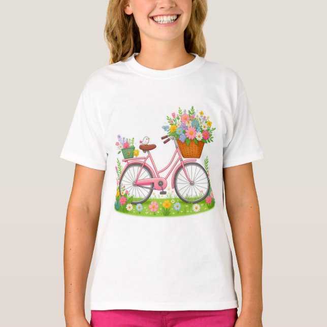 Camiseta Primavera Bicicleta com Flores e Pássaro (Frente)