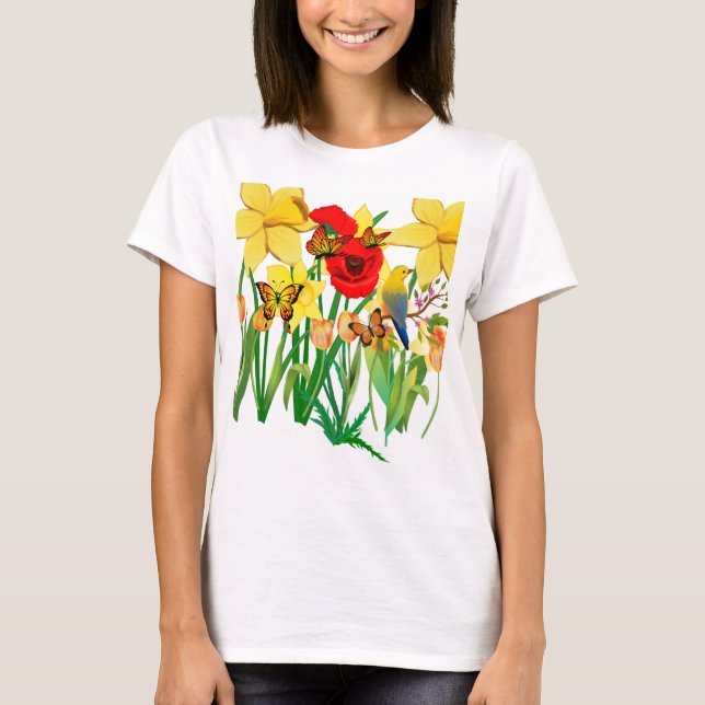 Camiseta Primavera Bloom com borboletas e passarinho (Frente)