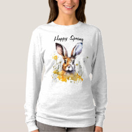 Camiseta Primavera Floral Bunny feliz com Dandelions amarel
