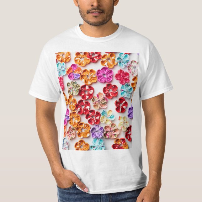 Camiseta Primavera tecido com costura manual Flores multico (Frente)