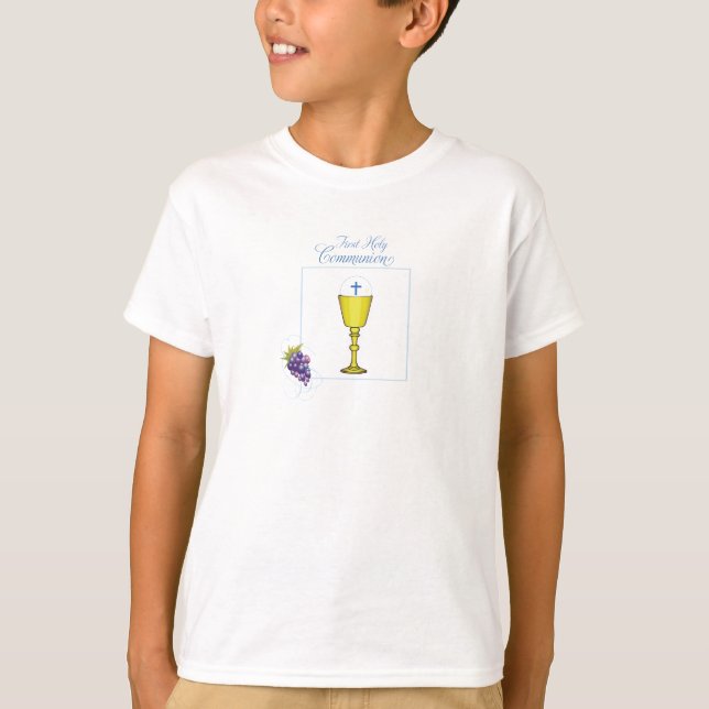 Camiseta Primeira Comunhão do Menino, Cálice com Hóstia e U (Frente)