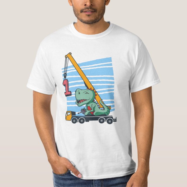 Camiseta primeiro aniversario 1 ano Dinossauro da grua móve (Frente)