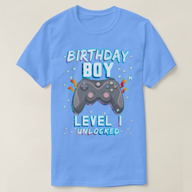 Camiseta Primeiro aniversario de jogos Gamer Boys Nível 1 D (Frente do Design)