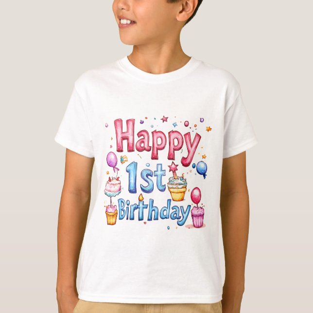 Camiseta Primeiro aniversario Feliz - Design de Ilustração  (Frente)