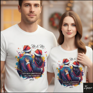 Camiseta Primeiro Casal de Natal Chapéu de Papai Noel Tinta