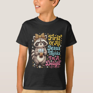 Camiseta Primeiro De Jesus Acha Um Design De Guaxinim Encan