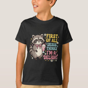 Camiseta Primeiro De Jesus Acha Um Design De Guaxinim Encan