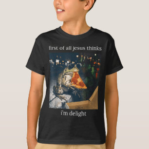 Camiseta Primeiro De Jesus Acha Um Sapo Comendo Pizza Uma D