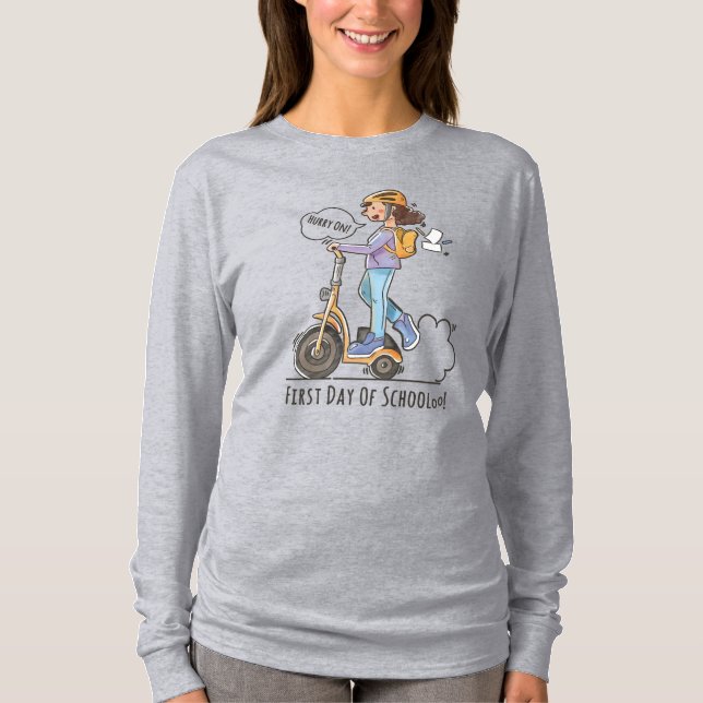 Camiseta Primeiro dia de escola | Capa longa feminina (Frente)