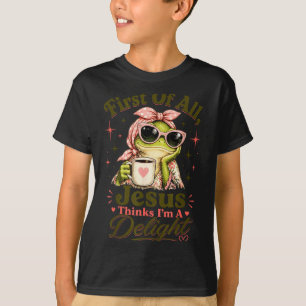 Camiseta Primeiro Jesus Acha Um Delícia Citação de Rã Engra