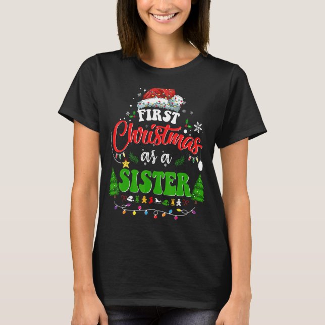 Camiseta Primeiro Natal Como Irmã Feriada Santa Hat Gr (Frente)