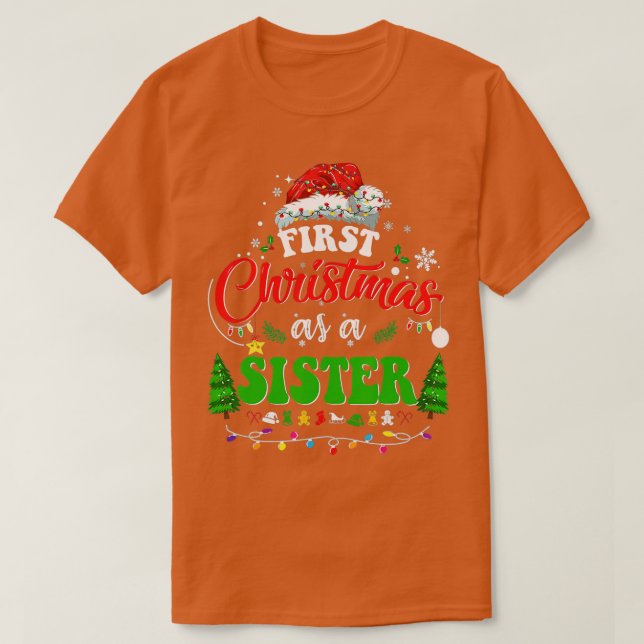 Camiseta Primeiro Natal Como Irmã Santa Hat Ugly Xmas 2 (Frente do Design)