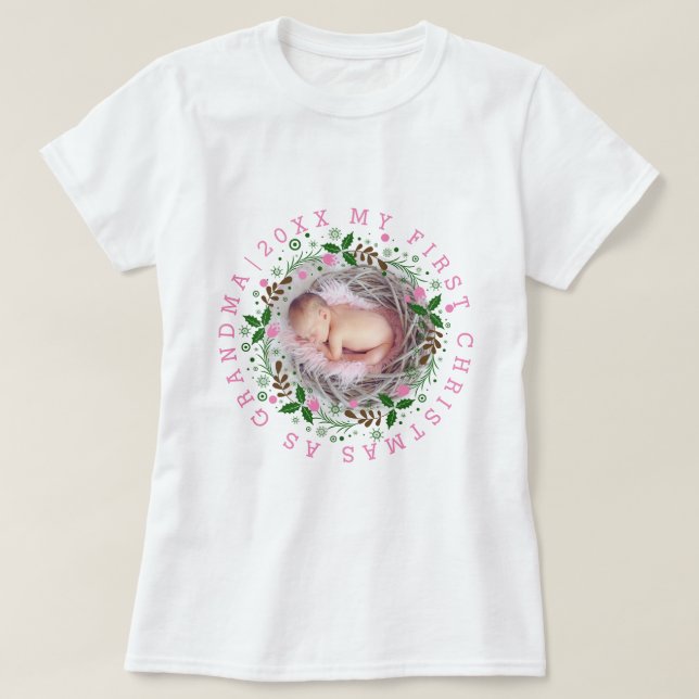 Camiseta Primeiro Natal como vovó coroa coroa rosa (Frente do Design)