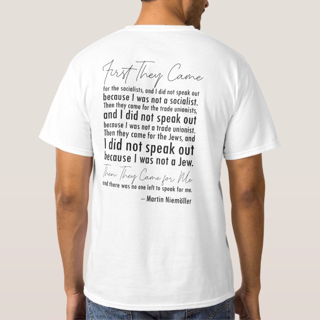 Camiseta ✊ "Primeiro Vieram" Martin Niemöller Cote (Verso)