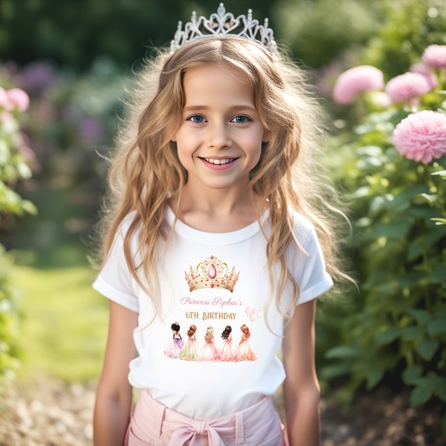 Camiseta Princesa Coroa Rosa Dourada Garota Floral Aniversá (Princess Crown Pink Gold Floral Girl Birthday T-Shirt)
