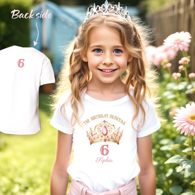 Camiseta Princesa Coroa Rosa Dourada Nome de Aniversário (Princess Crown Girl Birthday T-Shirt)