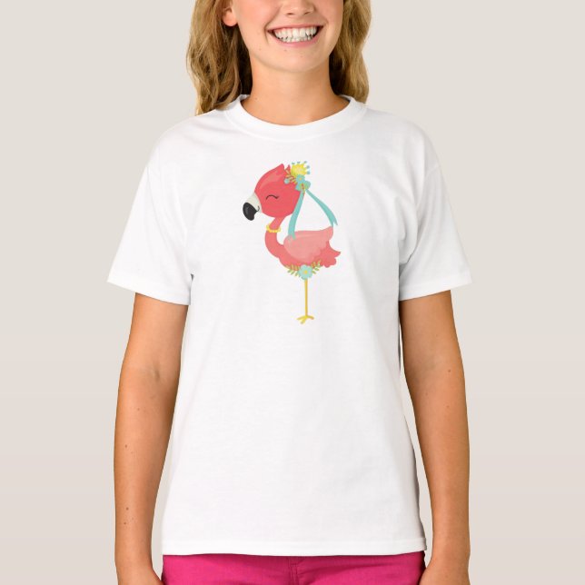 Camiseta Princesa Flamingo, Coroa, Flores, Flamingo Bonito (Frente)
