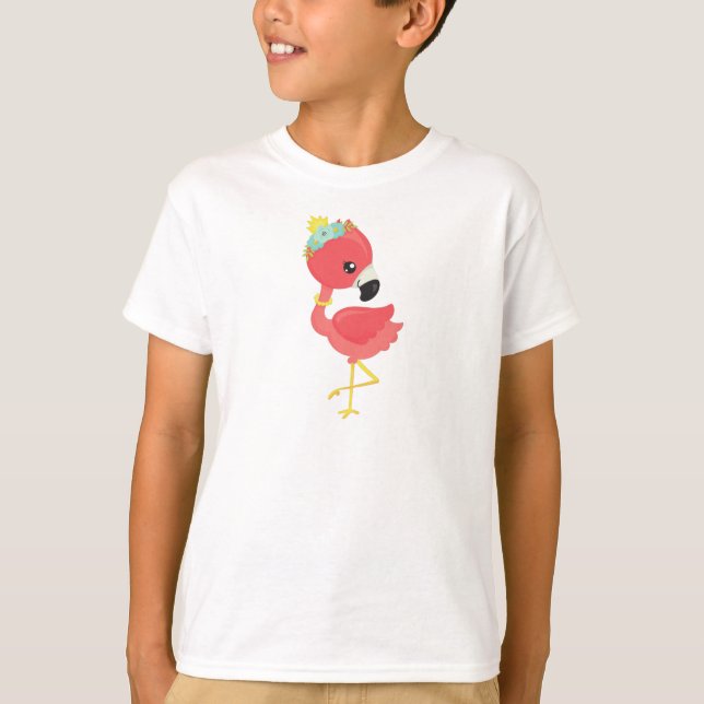 Camiseta Princesa Flamingo, Flores, Coroa, Flamingo Bonito (Frente)