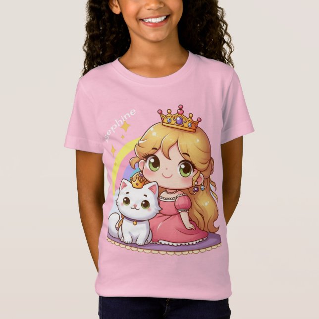 Camiseta Princesa fofa personalizável com gato branco (Frente)