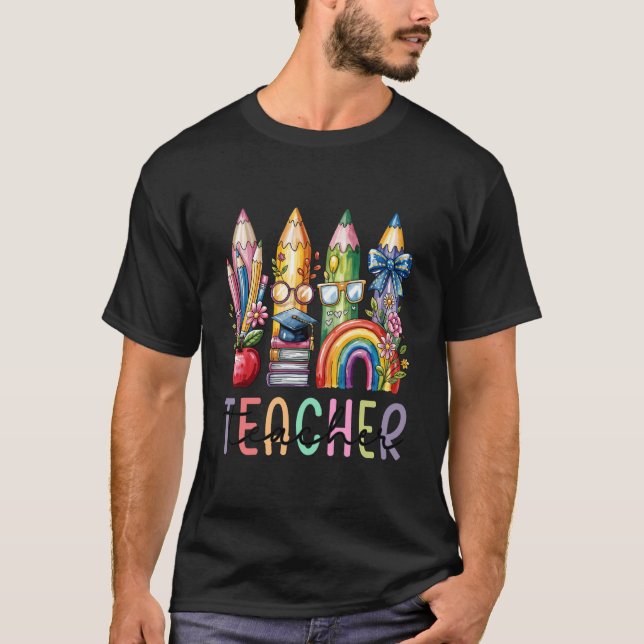 Camiseta Professor Agradecimento Lápis Arco-íris Fofo Volta (Frente)