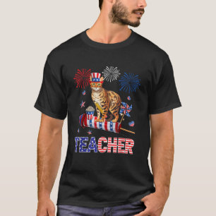 Camiseta Professor Cute Bengal Cat 4 de julho Fir Bandeira