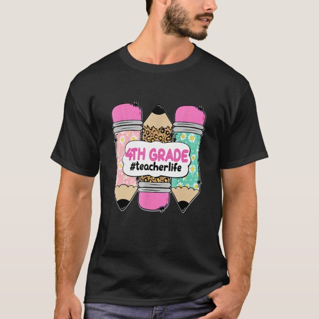 Camiseta Professor de 4° ano de idade, três crianças de láp (Frente)