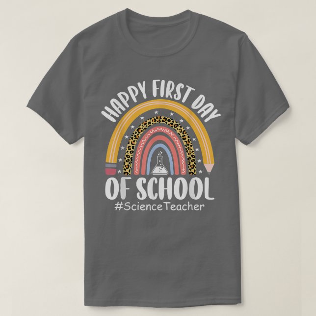 Camiseta Professor de Ciência Leopard Rainbow No Primeiro D (Frente do Design)